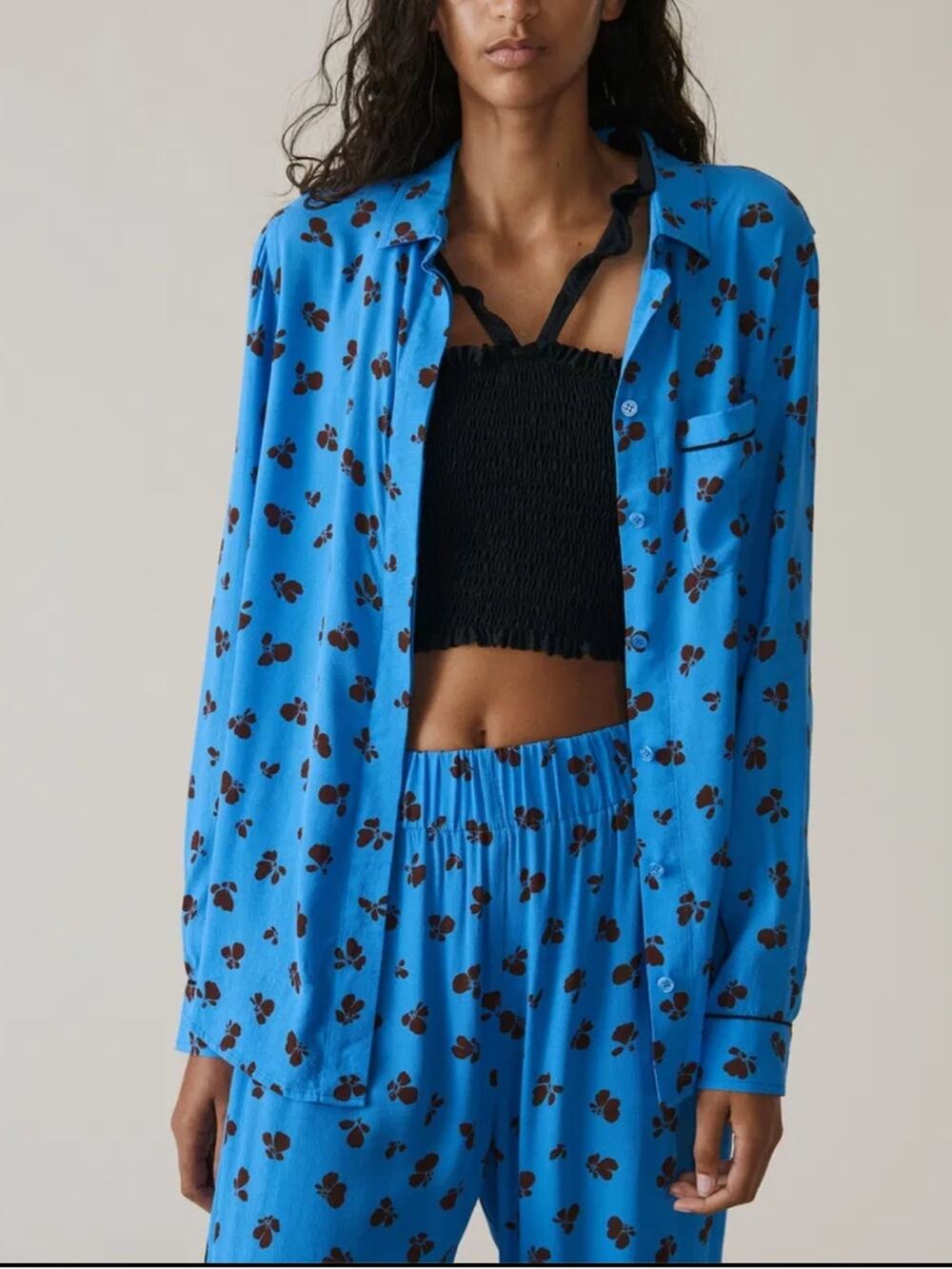GANNI Blue Roseburg Floral Print Button-Up Blouse Top Size 38 Medium Casual